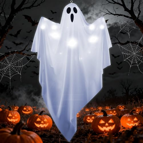 Halloween Deko Outdoor,90x60cm Halloween LED Geister Deko,Garten Windsäcke Geist,Hanging Lighted Glowing Ghost,Outdoor Windsäcke,für Party Terrasse Garten Veranda Patio Rasen Vorgarten