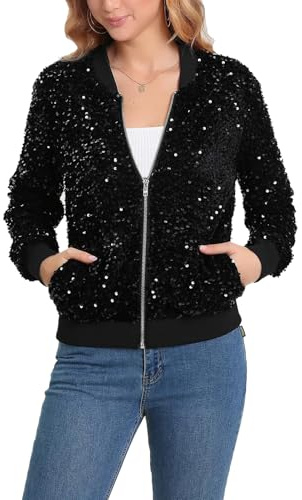 YYPBI Damen Glitzer Jacke Bomberjacke Pailletten Bomber Jacke langärmelig Frontreißverschluss Metallic Festival Konzert Party Samtjacke mit Taschen