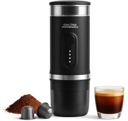 Cucina di Modena Kaffeepadmaschine: Mobile Akku-Espressomaschine mit Wasserkocher, auch für Kapseln, 15bar (Kaffeemaschine für Camping, Espresso-Kaffeemaschine, Kfz)