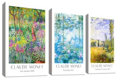 3Pcs Claude Monet Seerosen Leinwand Bilder Set Mit Rahmen Poster Klassisch Impressionismus Botanisch Bild auf Leinwand Malerei Wandbilder Wohnzimmer Schlafzimmer Esszimmer Wanddeko 50x70cm x3pcs
