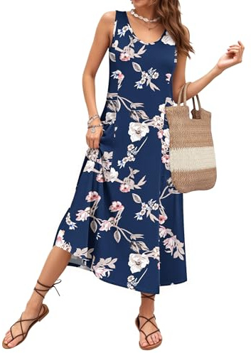 AUSELILY Robe Longue Femme ete sans Manches Robe de Plage Coupe trapèze Longues Style décontracté col en U Robe de Ample pour Les Vacances avec Poche
