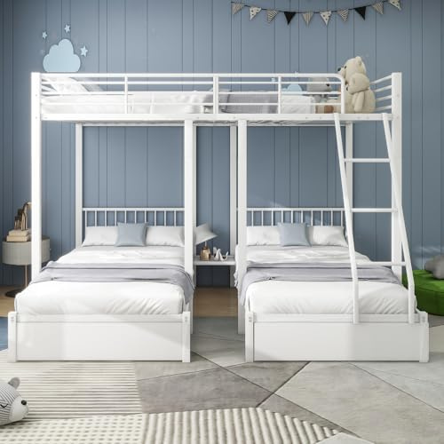 Lit superposé 3 places 90 x 200 et 140 x 200 avec tiroirs,lit mezzanine 3 places cadre de lit en métal,lit enfant avec barriere,transformable en un double 140 x 200 et deux simples 90 x 200 (Blanc)