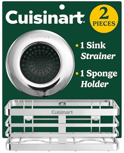 Cuisinart 2 Piece Sink Set – Sink Drain Strainer with Stainless Steel Rim & Silicone Mesh Base & Sponge Holder for Kitchen Sink, Metal Caddy with Triple Suction Cups, Daily Kitchen Essentials