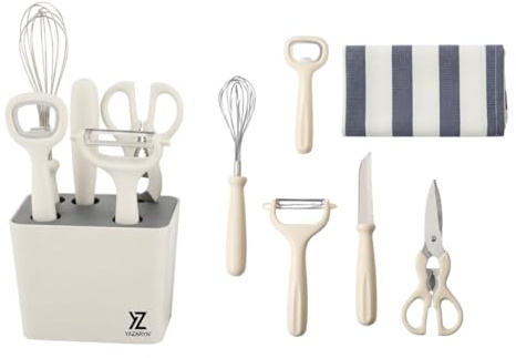 Set Ustensiles de Cuisine 6 Pièces avec Support, Kit Cuisine Complet avec Économe, Fouet, Ciseaux, Couteau, Ouvre-Bouteille et Torchon Microfibre, Plastique Sans BPA