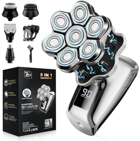 VOPH Head Shavers for Bald Men, 7D Floating Blades Electric Razor with Magnetic Detachable Heads, IPX7 Waterproof Rotary Shaver 5-in-1 Self-Grooming Kit Gift for Balder