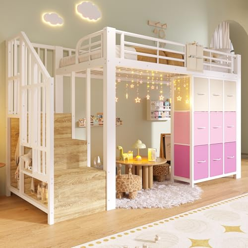 BTM Metall Hochbett 90x200 mit Treppe und Modulares Schubladen Stauraum Hochbett Kinder mit Rausfallschutz, Weiß
