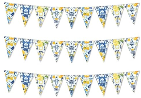 Dolce Vita Decoration, 3 unidades de decoración de limón, color azul amarillo para terraza, jardín, cumpleaños, boda, verano, decoración de limón, reutilizable, banderines italianos festivos para