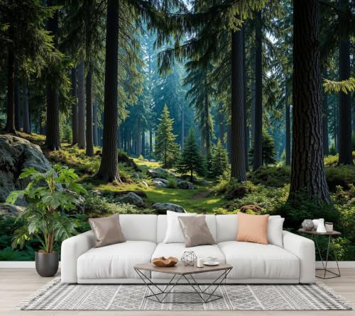 CECE&COLE Papier Peint Photo Soie Paysages De Jungle, 400×280 CM | Pins Rochers Buissons Mur XXL Muraux,pour Salon Chambre,Revêtement Mural,Papier Peint 3D,Résistant aux UV