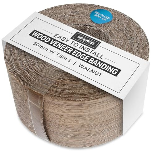 WoodPress® 50 mm Bois de Noyer Véritable Bande de Chant en Placage Préencollé – Rouleau de 7,5 m – Application à Repasser Facile à Faire soi-même, Couvre Le Bord d'un Panneau MDF Standard