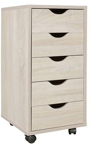 Wohnling Rollcontainer 33 x 64 x 38 cm MDF-Holz 5 Schubladen Sonoma, Moderner Schubladencontainer mit Rollen, Standcontainer Bürocontainer