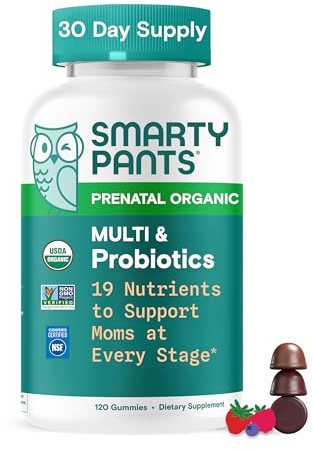 SmartyPants Organic Prenatal Vitamins for Women, Multivitamin Gummies: Probiotics, Biotin, Methylfolate, Omega 3 (ALA), Vitamin D3, C, Vitamin B12, B6, A, K2 & Zinc, Choline, 120 Count (30 Day Supply)