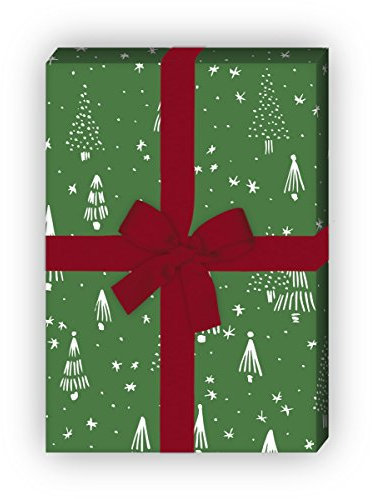 Kartenkaufrausch Retro Weihnachtspapier, Geschenkpapier Set zu Weihnachten mit grafischem Weihnachtsbaum Wald, grün, als edle Geschenk Verpackung, Designpapier, 4 Bogen, 32 x 48cm