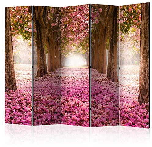 decomonkey Paravent Raumteiler Innen Wald Blumen Rosa, 225x172 cm, 5-teilig | Beidseitig, Wohnzimmer, Room Divider, Wall, Raumteiler Stehend, Trennwand, Sichtschutz, Spanische Wand, Sichtschutzwand, Holz