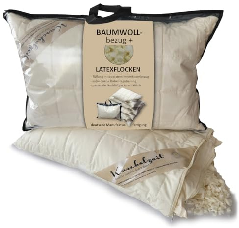 Meivita Höhenverstellbares Latex-Flocken Nackenstützkissen in 40x60 cm mit separatem Innen-Kissen und unterstepptem Bezug aus 100% Baumwolle - Made in Germany