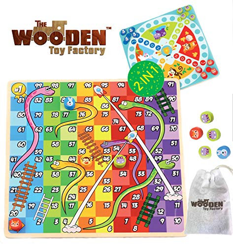 The Wooden Toy Factory - 2 in 1 Board Game - Snakes & Ladders/Home Race (*BONUS*: Includes Storage Bag For Pegs and Dices)