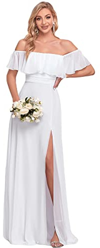 Ever-Pretty Abertura Vestidos de Fiesta Largo para Mujer Gasa Fuera del Hombro A-línea Corte Imperio Hoja de Loto Blanco 38