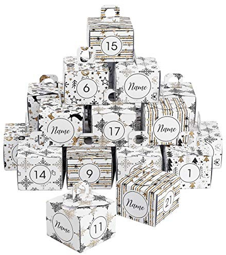 Herz & Heim® Adventskalender zum Befüllen DIY aus 24 Schachteln - Boxen mit goldenen Nuancen mit Namen personalisiert Kisten Set