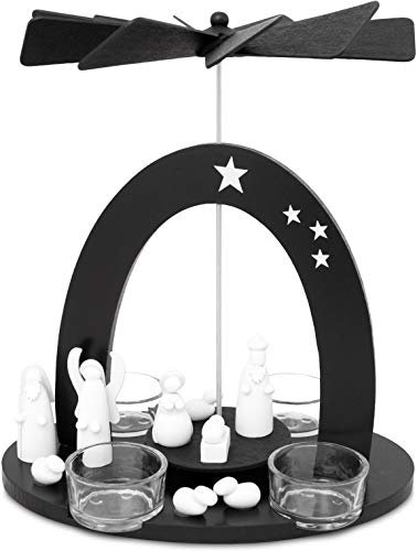 BRUBAKER Weihnachtspyramide 22 cm - Maria, Josef und Jesus - Teelichtpyramide mit 4 Teelichthaltern aus Glas - Schwarz Weiß