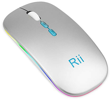 Rii Ratón inalámbrico delgado y silencioso, mini ratón óptico inalámbrico con iluminación RGB, para portátil, PC, tableta, iPad, teléfono, MacBook, Windows, OS (plata clara)