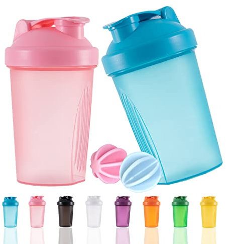 OOTD Protein Shaker Flasche 400 ml Auslaufsicher, BPA Frei, Eiweiß Shaker für Supplement Shakes mit Sieb & Skala, Fitness Mixer für cremige Whey Proteinpulver Shakes, (Blue+Pink(2PCS)