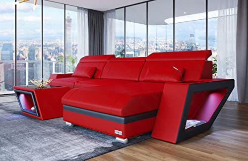 Ledersofa Catania in der L-Form als Ecksofa mit Beleuchtung Sofa mit USB-Anschluss Kopfstützen Moderne Couch LED Licht (Ottomane rechts, Rot-Schwarz)