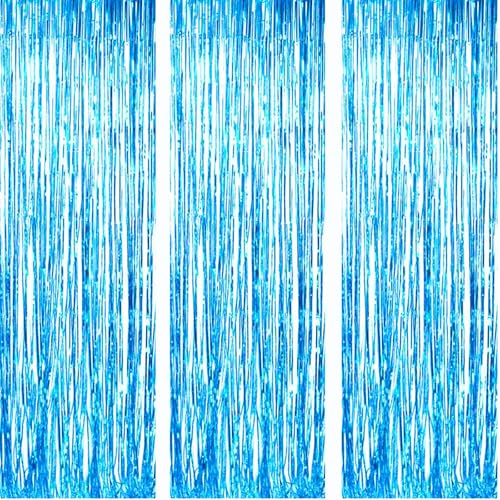 AILEXI 3er Pack Metallic Lametta Vorhänge Folie Fransen Schimmer Luftschlangen Vorhang Tür Fenster Dekoration für Geburtstag Hochzeitsfeier Lieferungen 3ft * 8ft - Laserlichtblau
