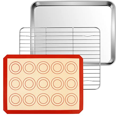 Backblech mit Abkühlgitter und Backmatte, TEAMFAR Edelstahl Ofenblech für Backen Kochen Servieren, Kuchenblech mit Auskühlgitter & Silikon Backunterlage zum Braten Abkühlung, Spülmaschinenfest