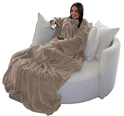 Brandsseller Flauschige TV-Decke mit Ärmeln 150x180 cm in Cashmere Feeling - Fußsack und 2 Taschen - Kuscheldecke Tagesdecke Taupe-Grau