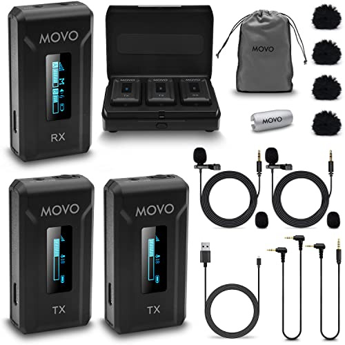 Movo - WMX-2-DUO Sistema de micrófono lavalier inalámbrico Dual con Estuche de Carga, micrófonos Integrados, micrófonos de Solapa con Clip, batería 7HR, Rango de 328', Ganancia Ajustable