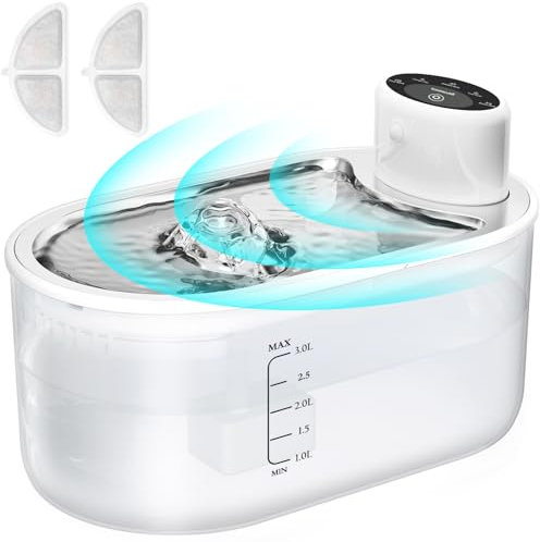 TOMXCUTE 3L Katzenbrunnen Kabellos, 5000mAh Akku Batteriebetriebener Trinkbrunnen für Katze mit Bewegungsmelder, Wasserschale aus Edelstahl, Weiß