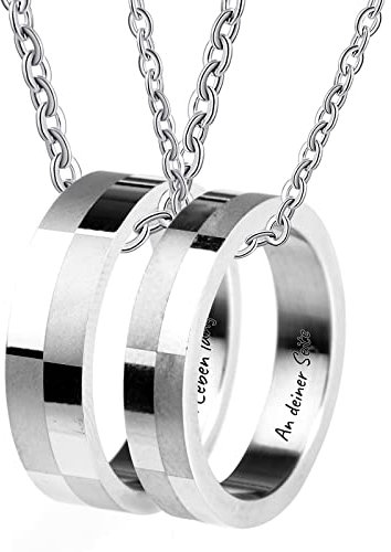 KnSam Edelstahl Kette Paare Gravur EIN Leben lang an deiner Seite, 2er Anhänger Ring Matte Poliert Partnerketten mit Ring Silber Gr.54 & Gr.62, Länge 60cm/ 50cm