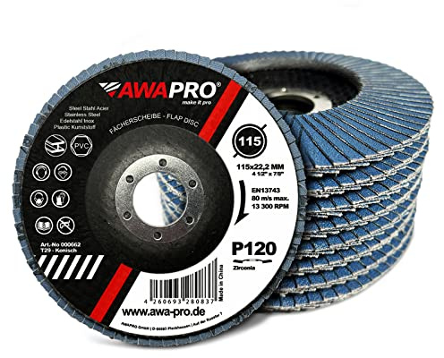 AWAPRO Fächerscheibe | Ø 115mm | Korn 60 | 10 Stück - Blau Zirkon für Metall, Stahl, Edelstahl - Schleifscheiben Lamellenscheiben Fächerschleifer