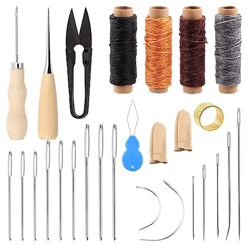 Glarks 27Pcs Leder Arbeitsgeräte und Zubehör Kit, Leder Nähen Kit mit Wachsfaden Großaugen Nähnadeln Faden Faden Faden