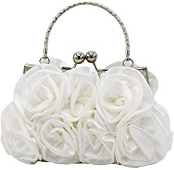 CORIOS Damen Elegante Abendtasche Blumen Clutch Tasche Handtasche mit Kette Kiss Lock Mini Rose Schultertasche Satin Umhängetasche für Hochzeit Bankett-Party Abschlussball Weiß