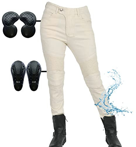 SHUOJIA Mujer Motocicleta Pantalones Moto Jeans Beige Pantalones de montar casuales de motocicleta impermeables a prueba de viento,con 4 x Equipo de Protección Motorcycle Biker Pants (L)