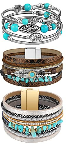Inbagi 3 Pcs Bohemian Bracelet for Women Cowboy Chic Faux Leather Cuff Bracelet Multi Layer Western Jewelry Crystal Wristbands (Cool)