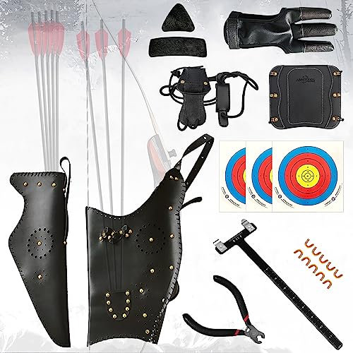 ZSHJGJR Bogenschießen Zubehör Set/Schießhandschuh/Köcher/Tasche/Armschutz/Spannschnur, für Traditionelle Bogen, Recurve Bogen, Langbogen, Take Down Bogen, Pfeil und Bogen, Bogensport (S)