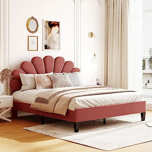 Harper & Bright Designs Queen Size Upholstered Platform Bed with Flower Pattern Velvet Headboard, Bean Paste Red