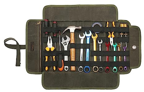 Werkzeugrollen aus gewachstem Segeltuch mit Verschluss der Segeltuchbänder, Werkzeugtasche mit Gummiband, 1 Tasche mit Reißverschlussfächern ((Armeegrün)