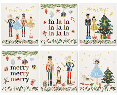 AnyDesign 6Pcs Christmas Swedish Dishcloth Xmas Nutcracker Kitchen Towel Decorative Cotton Absorbent Dish Towel for Home Kitchen Housewarming Counter Wipes, 6.7 x 7.5 Inch