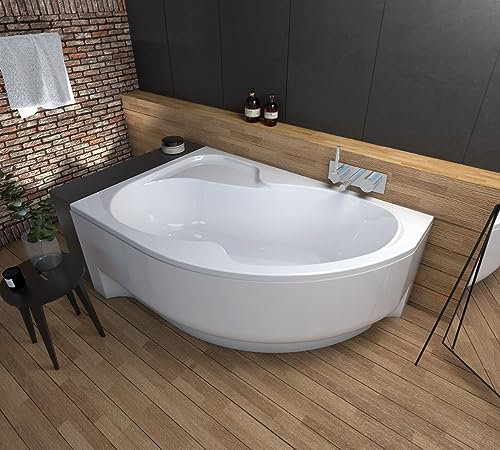 ECOLAM Badewanne Wanne Eckwanne Eckbadewanne Acrylwanne Qualitätswanne weiß Wela LINKS + Schürze Ablaufgarnitur Ab- und Überlauf Automatik Füße Silikon Antirutsch Acryl Set (160x100)
