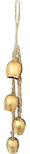 Iron Wrought Set of 4 Rustic Bell Chime Handmade Antique Gold Finish Wall Hanging Rope Bells Christmas Bell