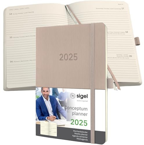 SIGEL C2530 Wochenplaner Wochenkalender 2025, ca. A5, taupe, Softcover, 192 Seiten, Gummiband, Stiftschlaufe, Archivtasche, aus nachhaltigem Papier, Conceptum