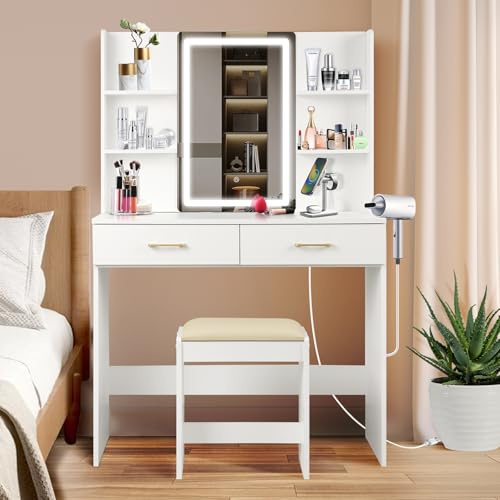 QUALIKRAFT White Vanity Set with LED Mirror & Stool, Makeup Desk with Built-in Power Outlet (2 AC & 2 USB), 2 Large Drawers & 6 Shelves, Lighted Dressing Table for Bedroom Organization