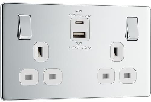 BG Electrical 45W Double Switched Power Wall Plug Socket with Super Fast Charge Type A and C USB Ports, Screwless, Flatplate, Polished Chrome, White Inserts, 13A, FPC22UAC45W