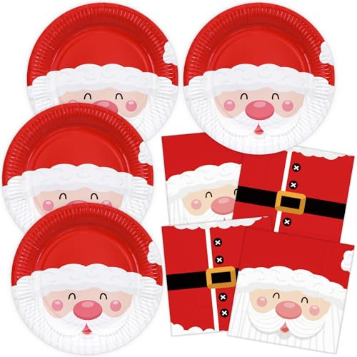 Set di Piatti e Tovaglioli di carta per Natale | Babbo Natale, Rosso | Piatti di carta 23cm, 33cm Tovaglioli di carta per feste Set di stoviglie usa e getta 20 persone