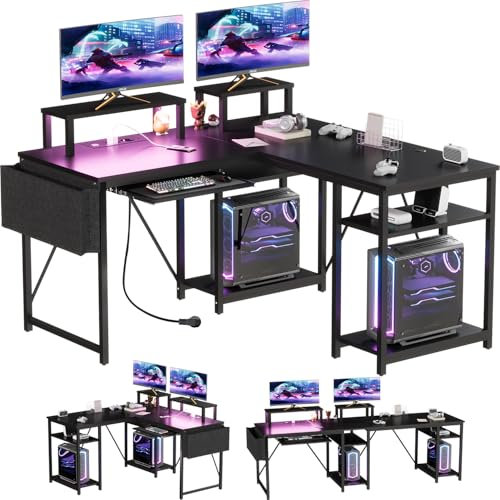 Airfish - Escritorio de esquina con almacenamiento de 140 x 140 cm, escritorio para juegos con LED y puerto de carga USB, escritorio con estantería, bandeja para teclado, toma de corriente y soporte