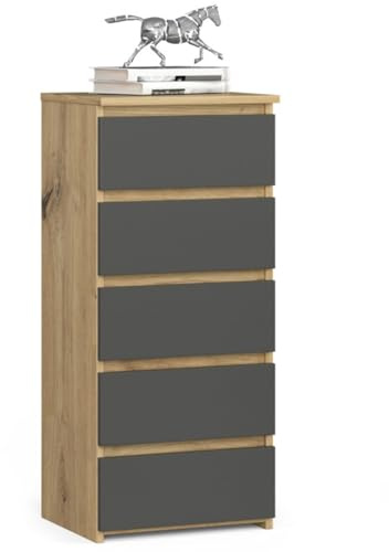 Kommode mit 5 Schubladen Kommode Schlafzimmer Flur Wohnzimmer Organizer Kommode mit Schubladen 40 cm breit 92 cm hoch | Artisan Eiche-grau Highboard Sideboard Mehrzweckschrank Schrank schmal