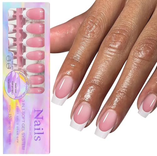 GZMAYUEN Nails zum Aufkleben Press on Nails - 15 Stück 150Pcs French Rosa Coffin Fingernägel zum Aufklebenf 3 in 1 Full Cover Künstliche Nägel