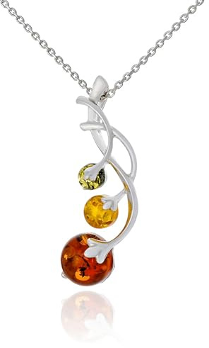 AMBEDORA Mod.1570 Collier pour femme en argent sterling poli, ambre de la Baltique coloré, pendentif en argent sur chaîne, Argent sterling, Ambre